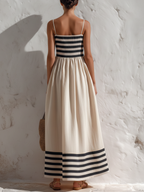 Ortensia | Vestido Largo a Rayas Negras y Beige con Tirantes Finos