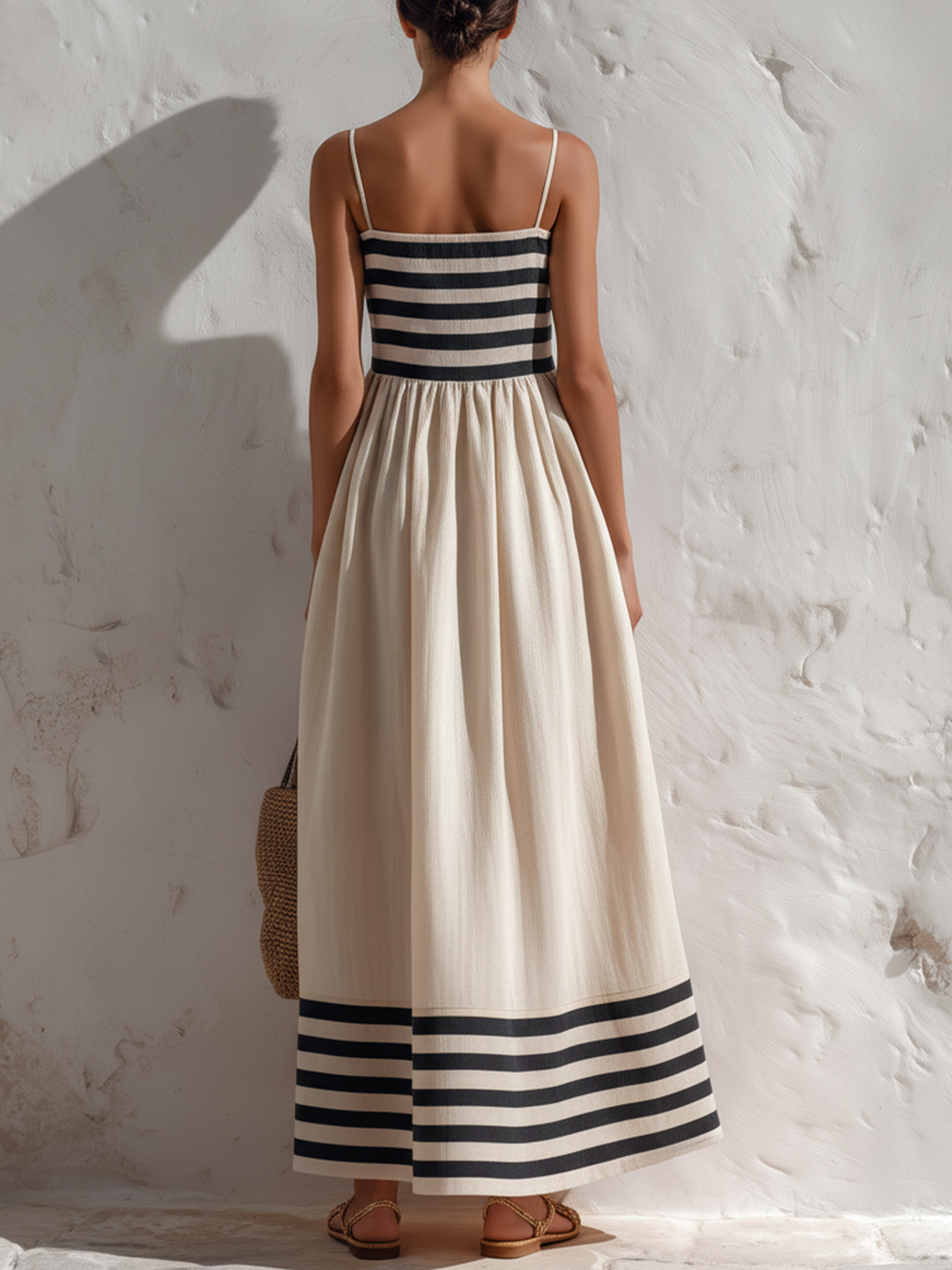 Ortensia | Vestido Largo a Rayas Negras y Beige con Tirantes Finos