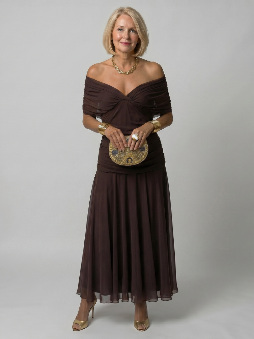 Calen | Vestido Midi Fluido de Hombros Descubiertos