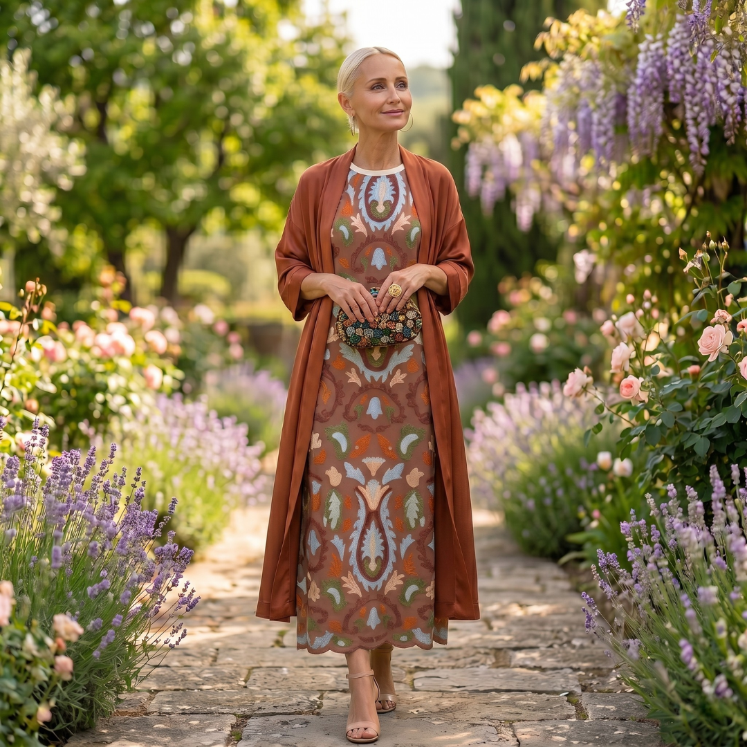 Aura | Vestido largo estampado con chaleco a juego