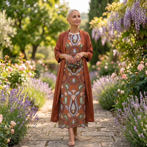 Aura | Vestido largo estampado con chaleco a juego