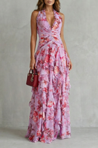 Belladina | Vestido largo romántico con escote halter y cascada de rosas
