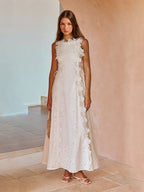 VESTIDO LARGO CON ENCAJE Y CORDONES