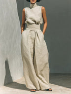 Flor | Conjunto minimalista y pantalón de pierna ancha en algodón y lino