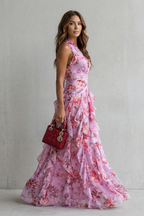 Belladina | Vestido largo romántico con escote halter y cascada de rosas