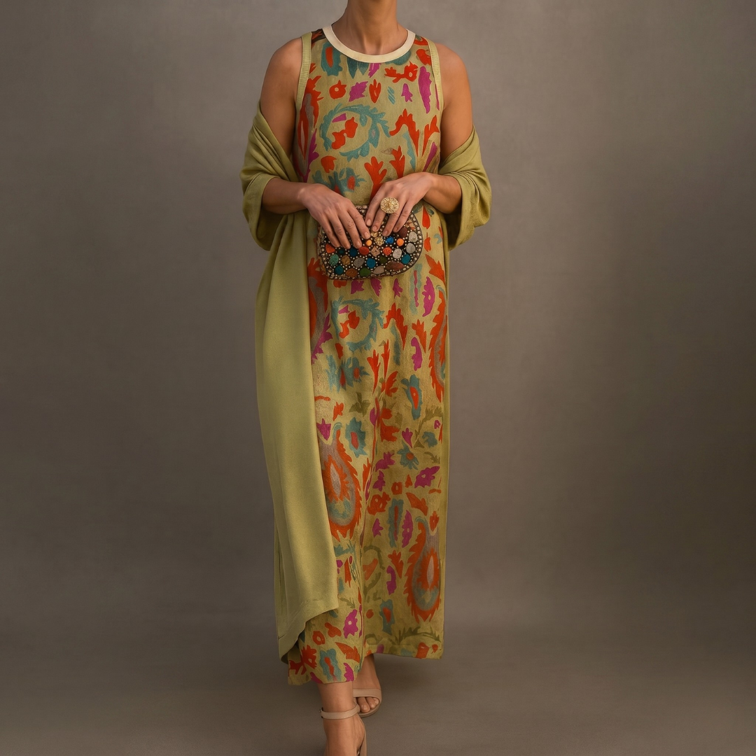 Aura | Vestido largo estampado con chaleco a juego