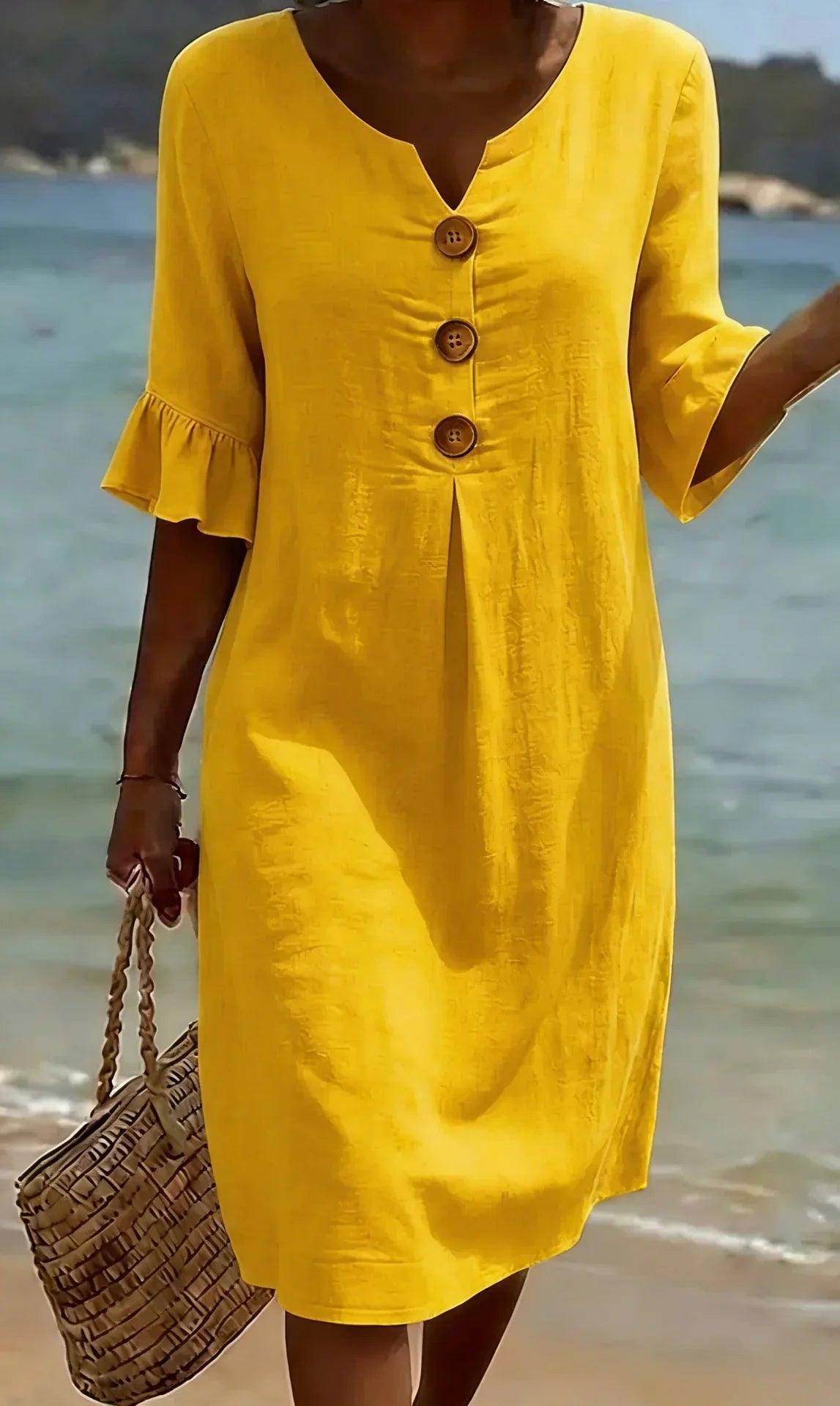 Vanesa™ | Vestido de Lino Texturizado con Mangas Abullonadas y Botones