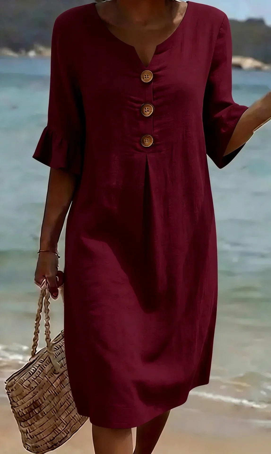 Vanesa™ | Vestido de Lino Texturizado con Mangas Abullonadas y Botones