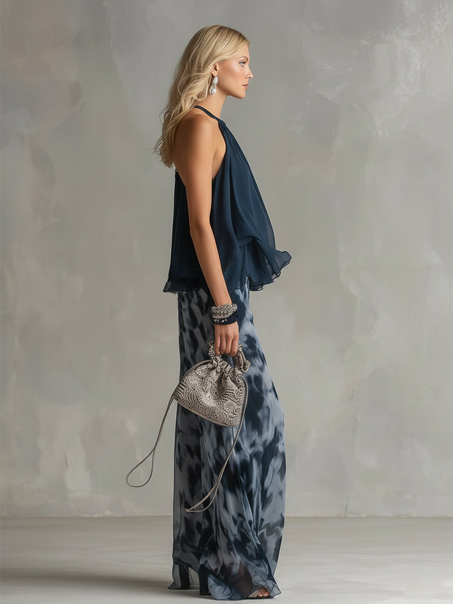 CONJUNTO ELEGANTE DE GASA ESTAMPADA PARA EVENTOS