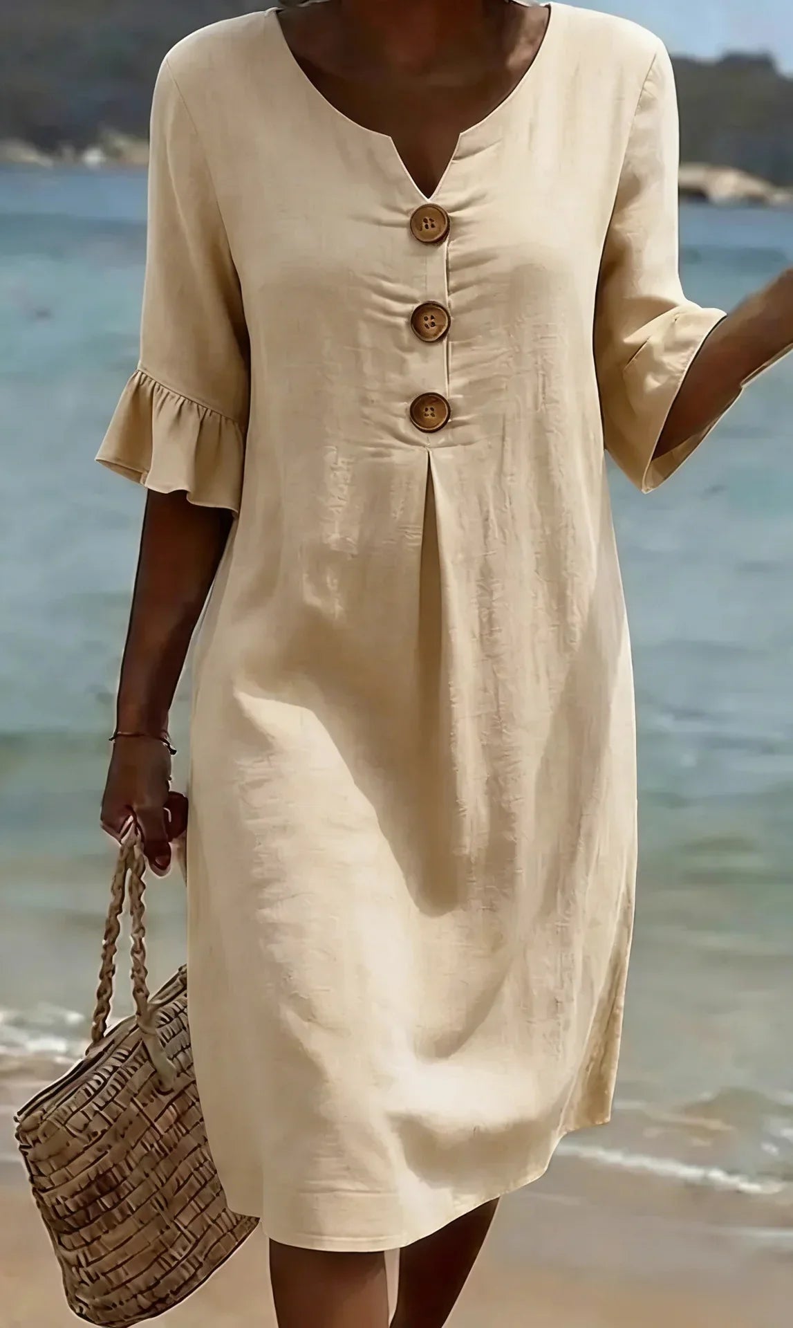 Vanesa™ | Vestido de Lino Texturizado con Mangas Abullonadas y Botones