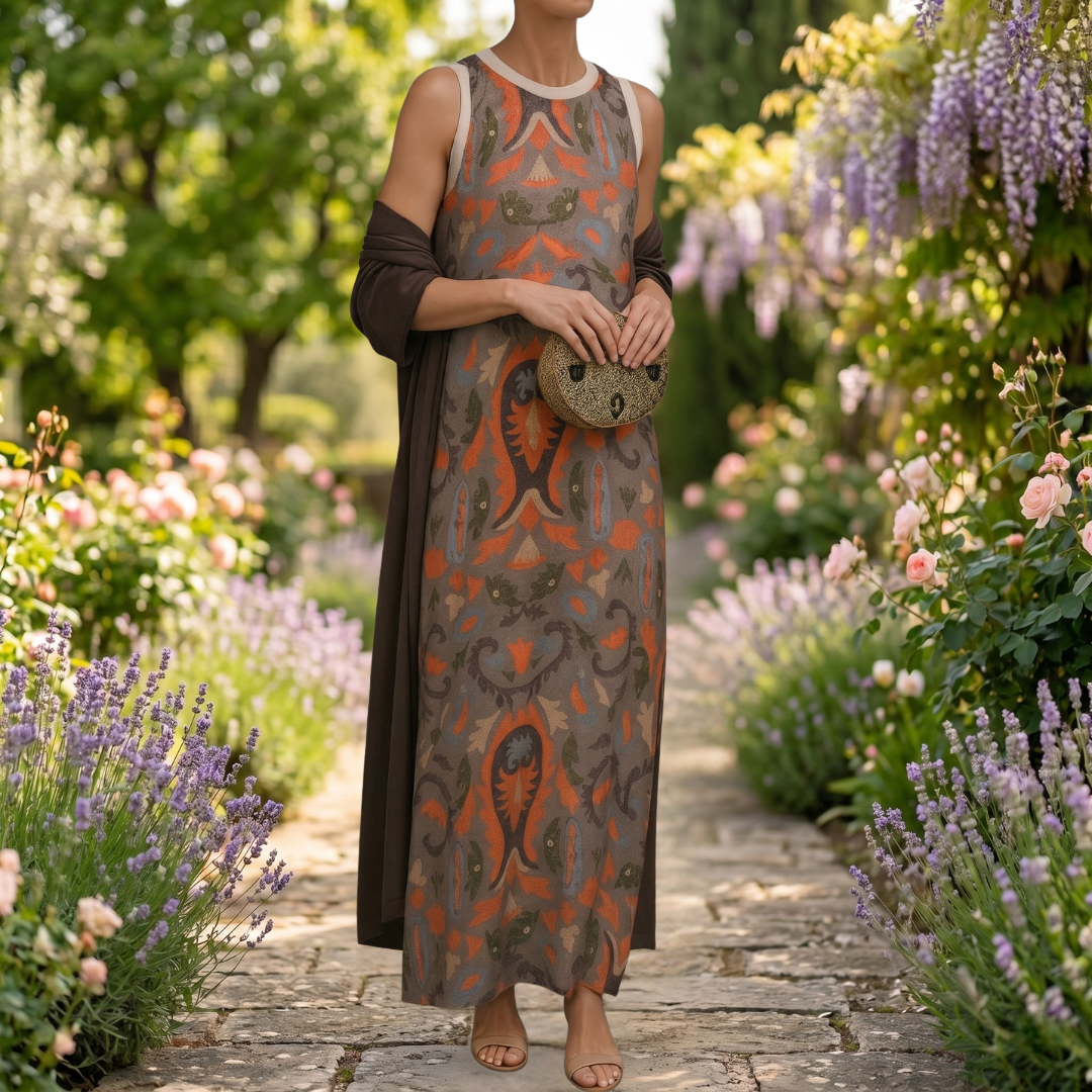 Aura | Vestido largo estampado con chaleco a juego
