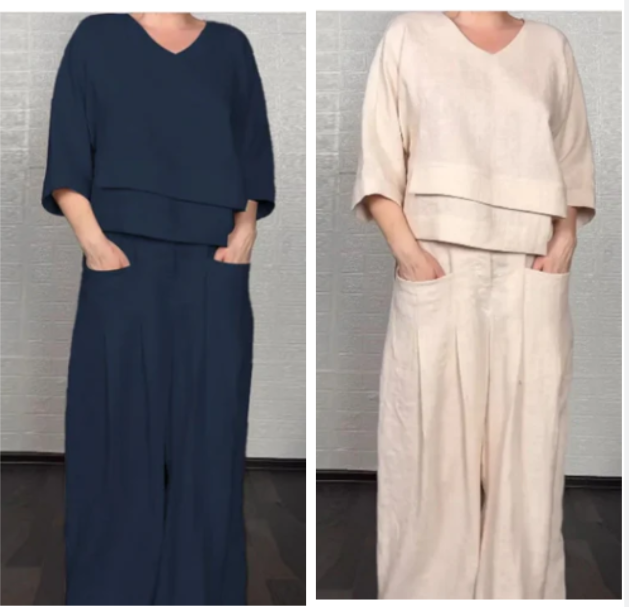 CONJUNTO 2 PIEZAS EN ALGODÓN Y LINO - TOP CON ESCOTE EN V Y PANTALÓN ANCHO CON BOLSILLOS