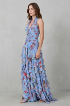 Belladina | Vestido largo romántico con escote halter y cascada de rosas