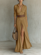 VESTIDO CAMISERO LARGO DE LINO CON FALDA PLISADA