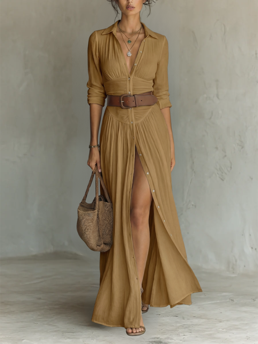 VESTIDO CAMISERO LARGO DE LINO CON FALDA PLISADA