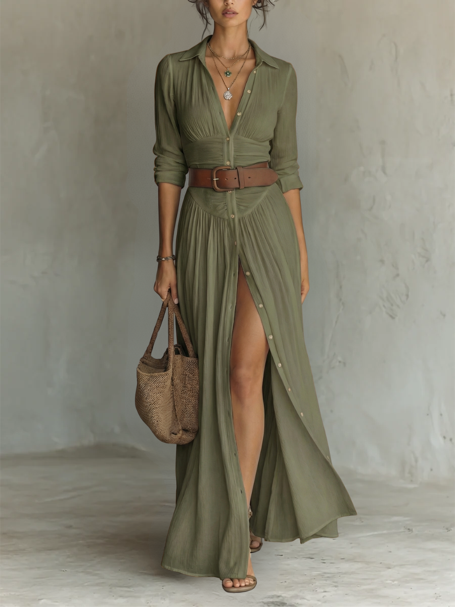 VESTIDO CAMISERO LARGO DE LINO CON FALDA PLISADA
