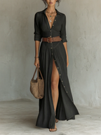VESTIDO CAMISERO LARGO DE LINO CON FALDA PLISADA