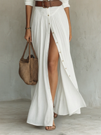 VESTIDO CAMISERO LARGO DE LINO CON FALDA PLISADA
