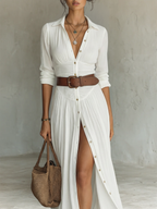 VESTIDO CAMISERO LARGO DE LINO CON FALDA PLISADA