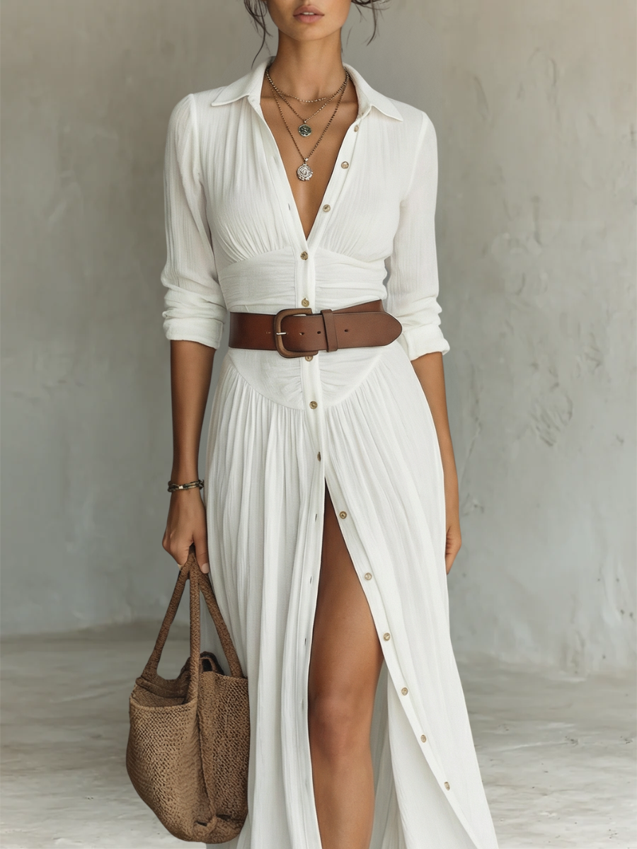 VESTIDO CAMISERO LARGO DE LINO CON FALDA PLISADA