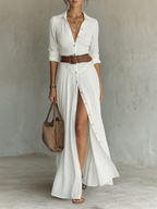 VESTIDO CAMISERO LARGO DE LINO CON FALDA PLISADA