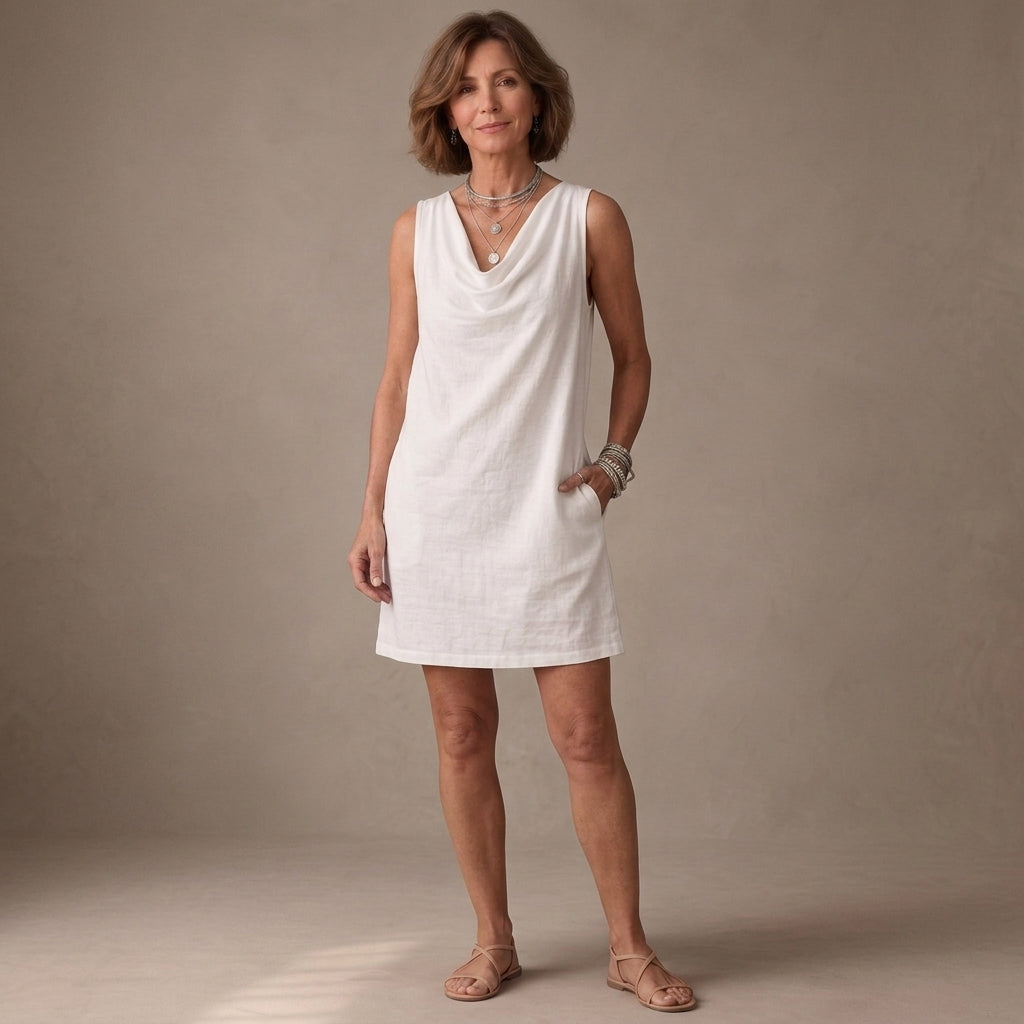 VESTIDO DE ALGODÓN SIN MANGAS CON ESCOTE DRAPEADO