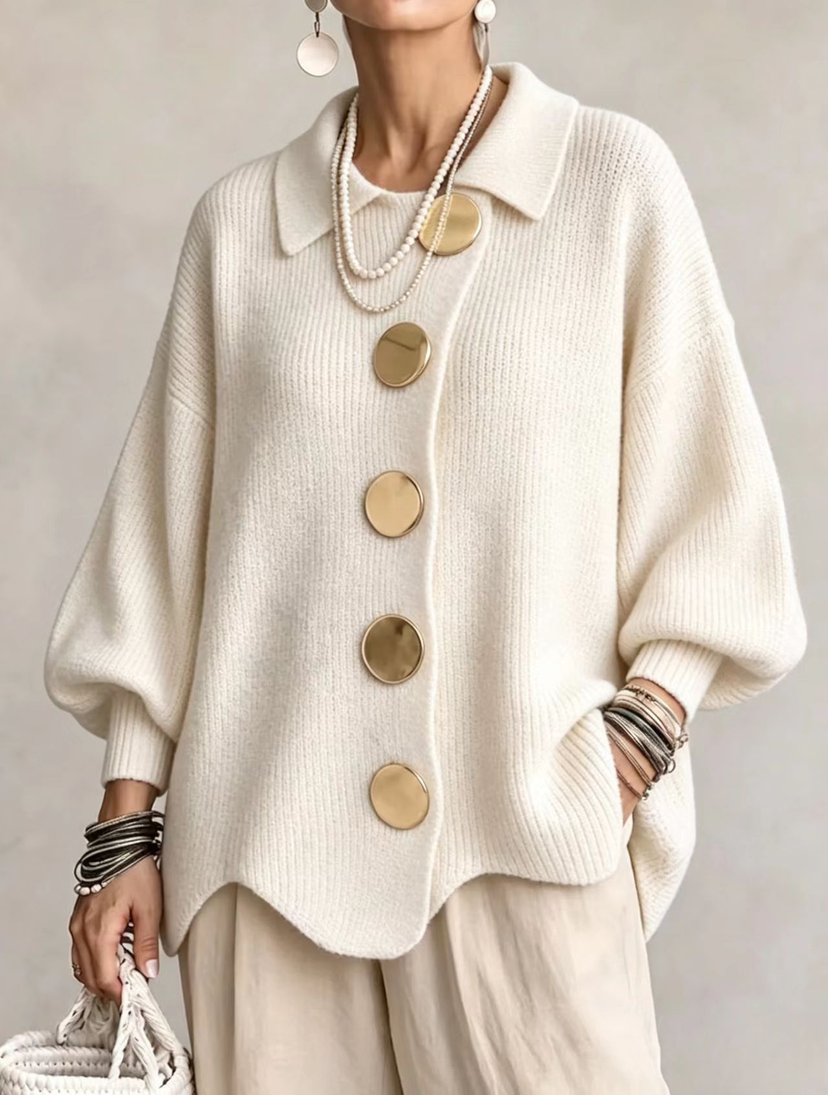 Isadora | Cárdigan Oversize con cuello y botones metálicos