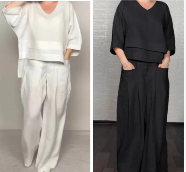 CONJUNTO 2 PIEZAS EN ALGODÓN Y LINO - TOP CON ESCOTE EN V Y PANTALÓN ANCHO CON BOLSILLOS