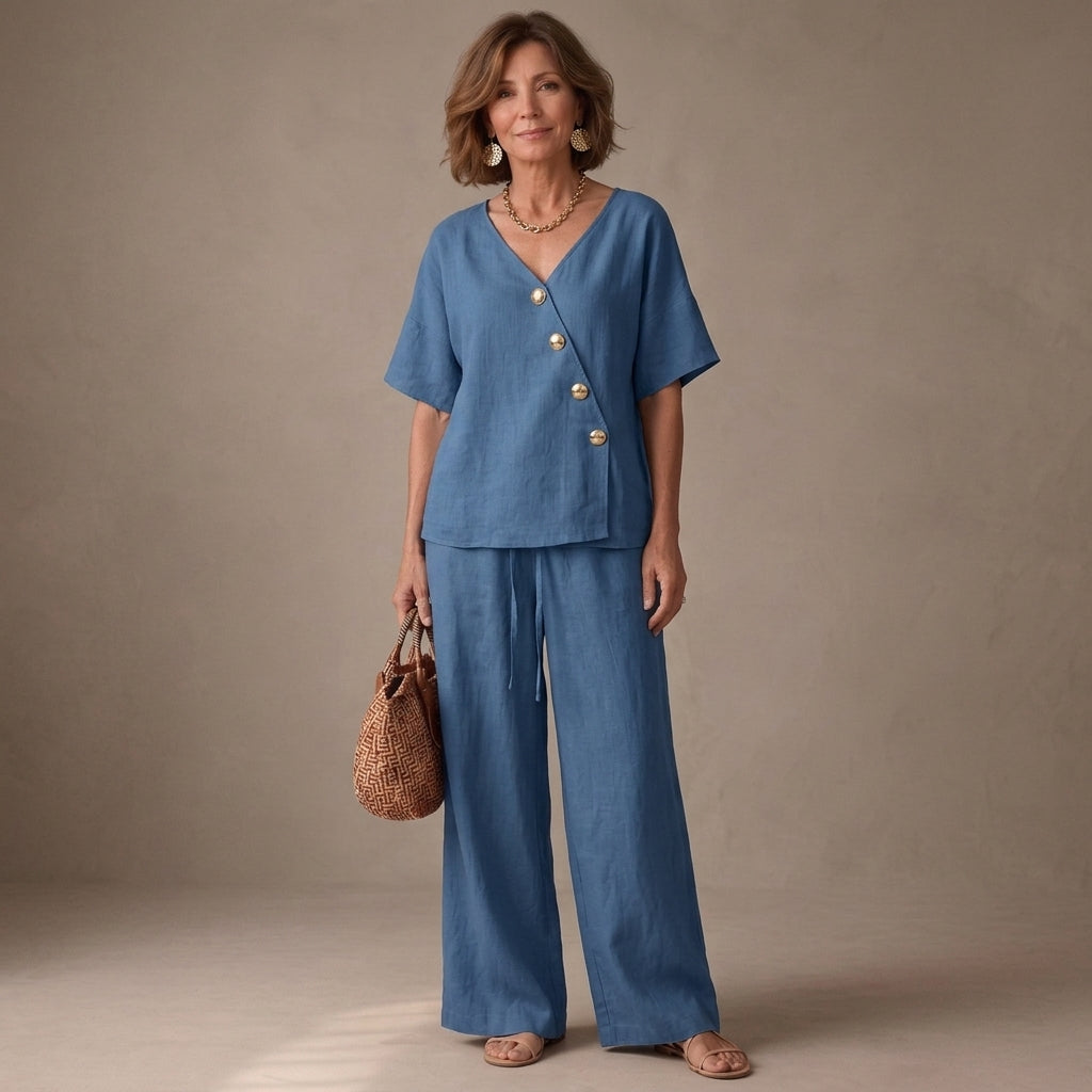 Greta | Conjunto de Camisa Abotonada con Cuello en V