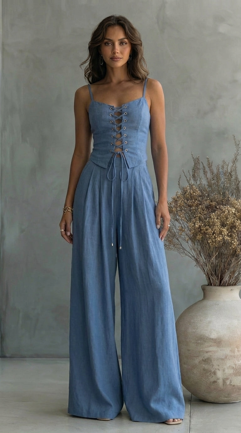 CONJUNTO CORSÉ CON CORDONES Y PANTALONES DE LINO
