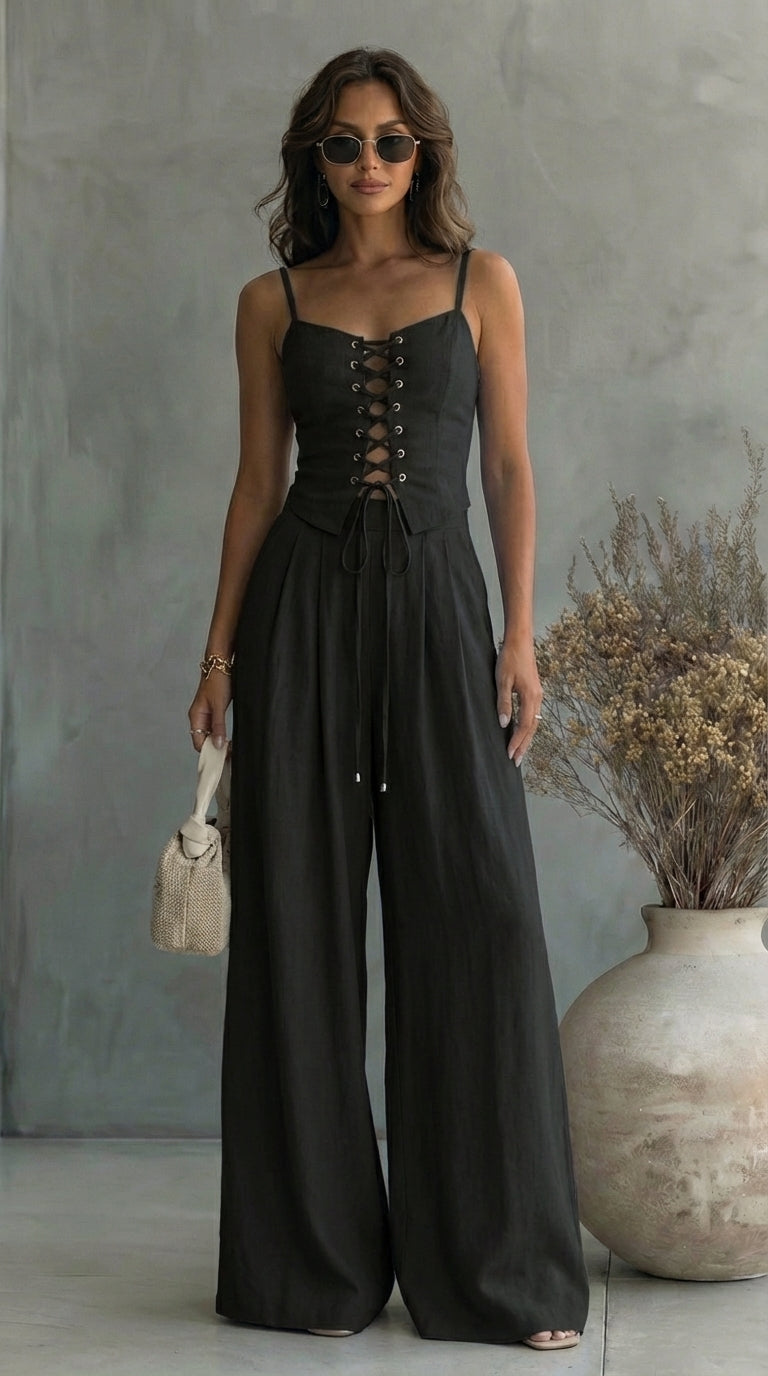 CONJUNTO CORSÉ CON CORDONES Y PANTALONES DE LINO