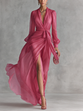 Beatrice | Vestido Largo Elegante de Gasa con Escote en V y Cintura Anudada