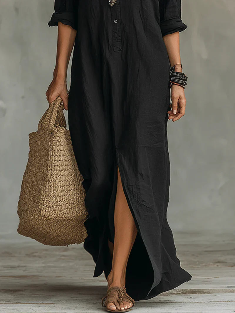 Céline | Vestido Maxi Negro Amplio con Botones