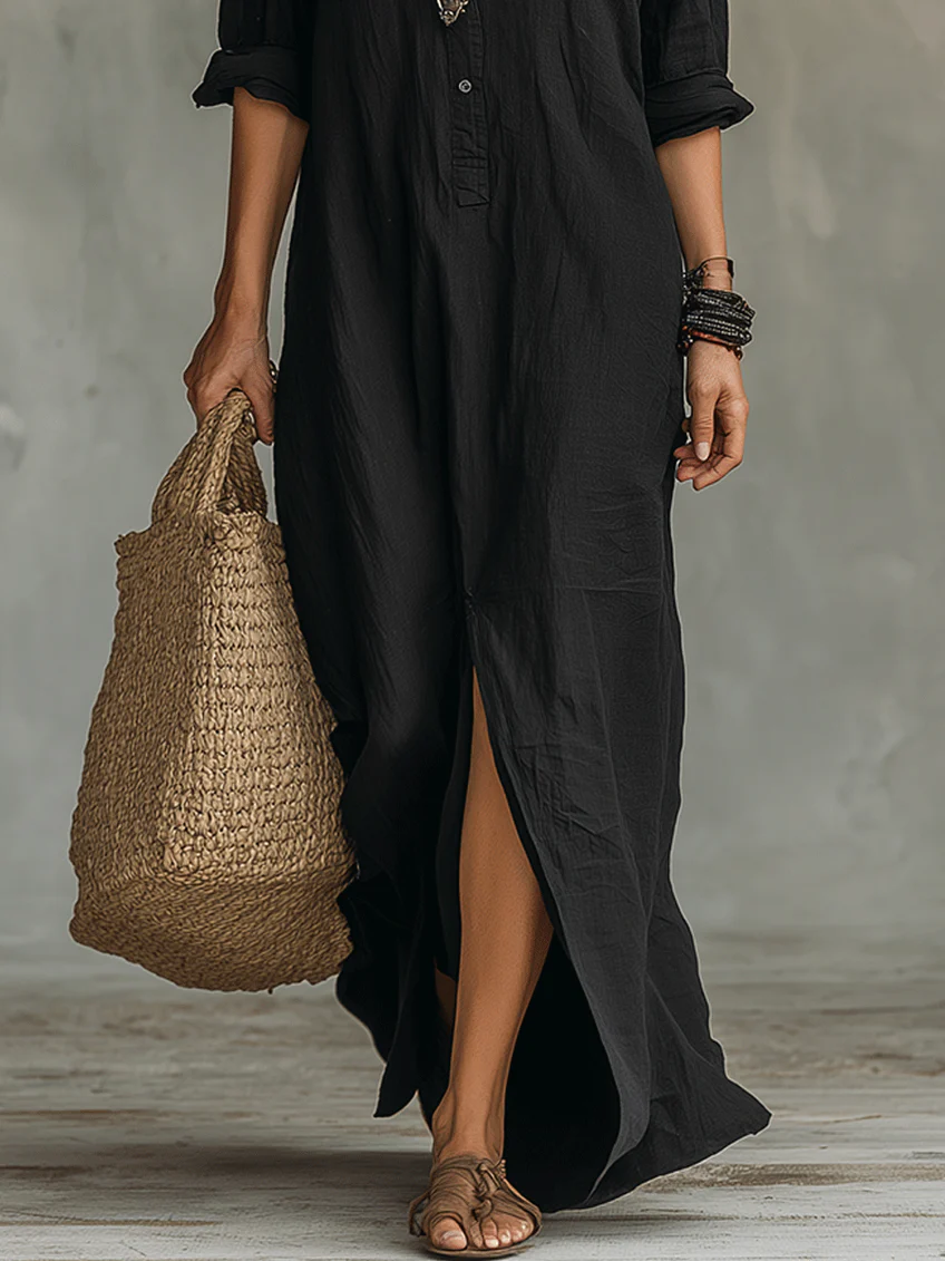 Soline | Vestido Largo Negro Ancho con Botones
