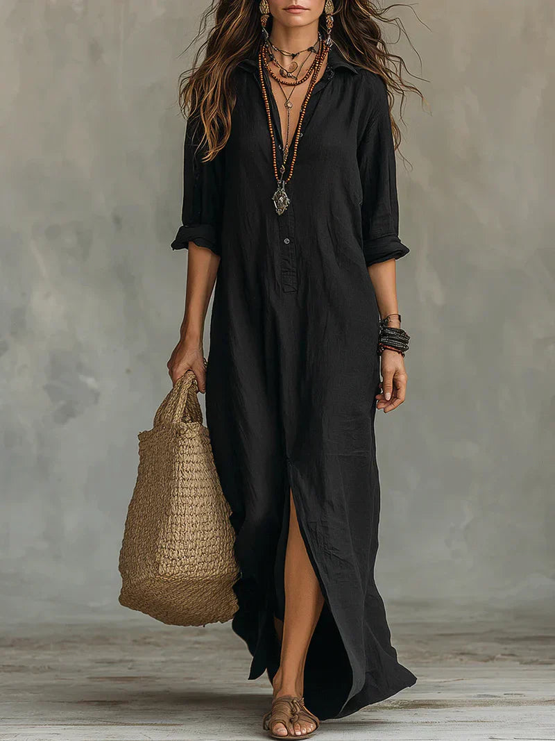 Céline | Vestido Maxi Negro Amplio con Botones