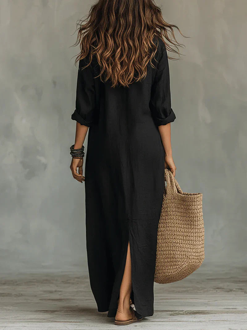 Céline | Vestido Maxi Negro Amplio con Botones