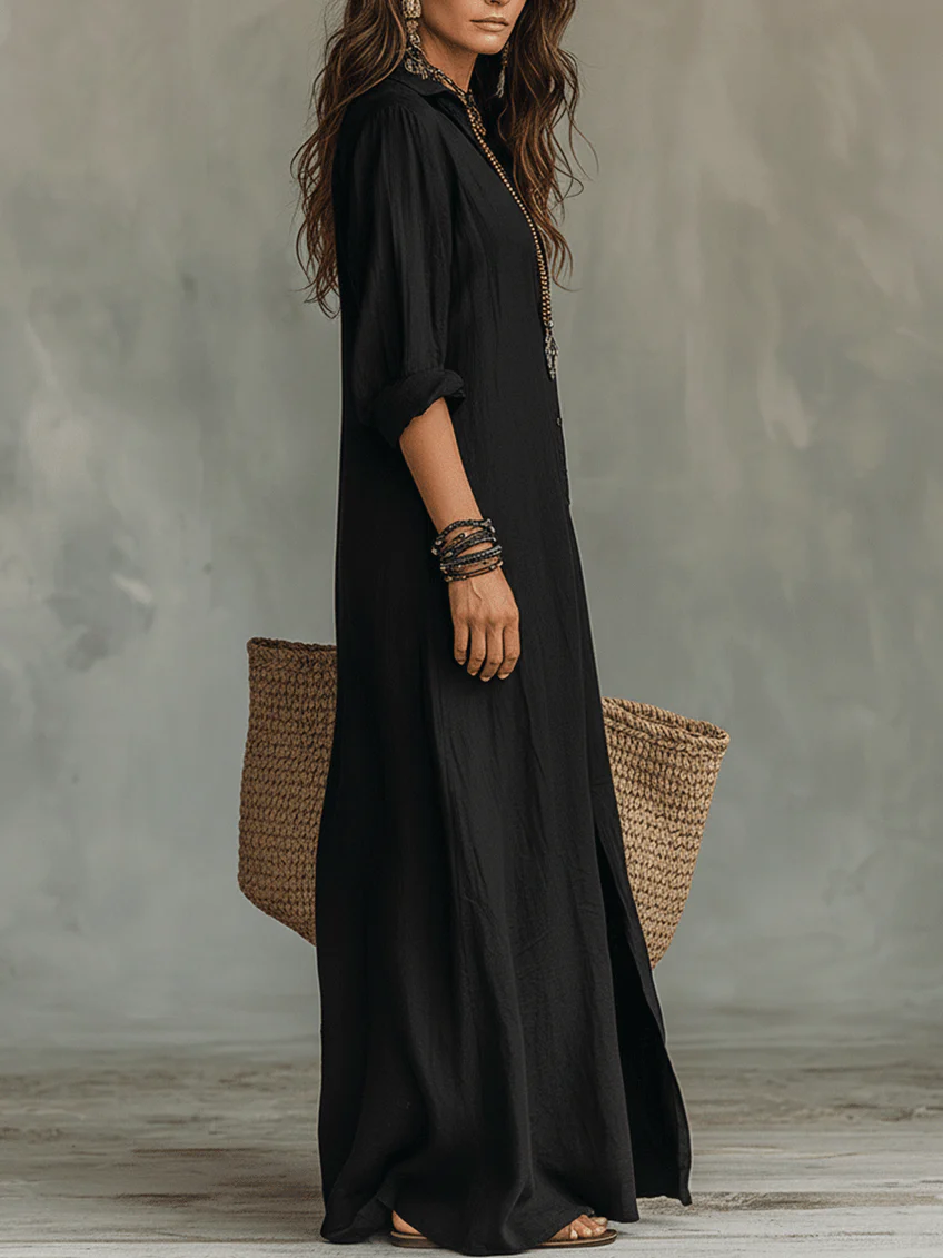 Soline | Vestido Largo Negro Ancho con Botones
