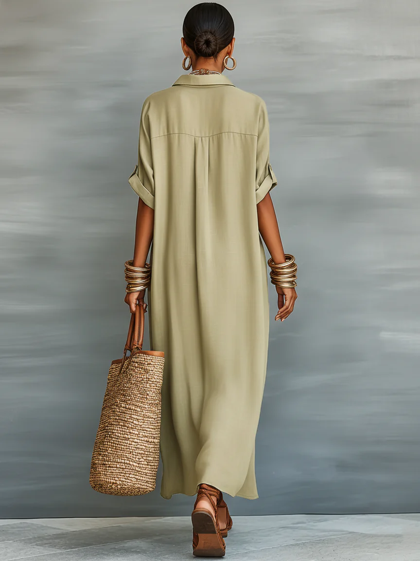 Manelle | Vestido Largo Verde Oliva de Líneas Minimalistas