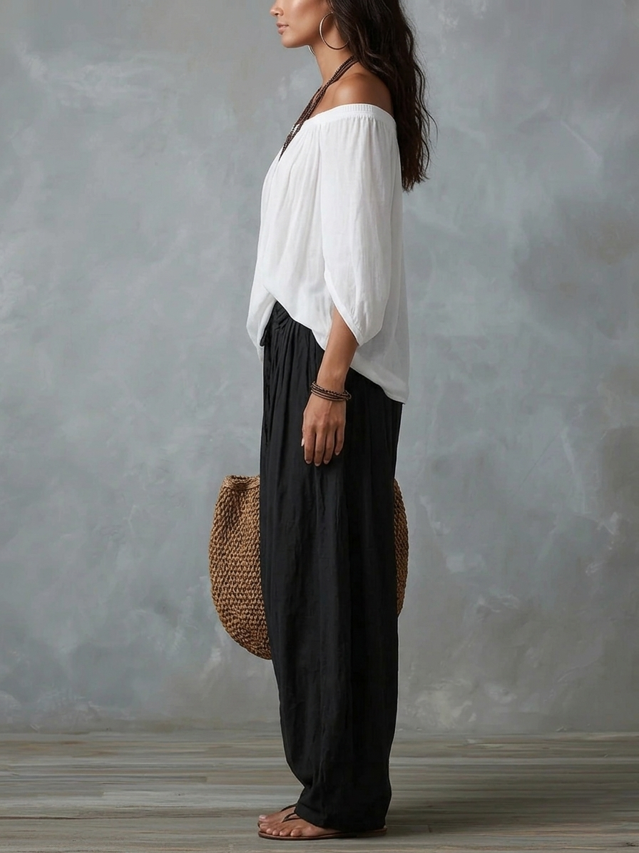 Conjunto de Top Blanco con Hombros Descubiertos y Pantalón Acampanado Estilo Lantern