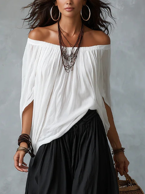 Conjunto de Top Blanco con Hombros Descubiertos y Pantalón Acampanado Estilo Lantern