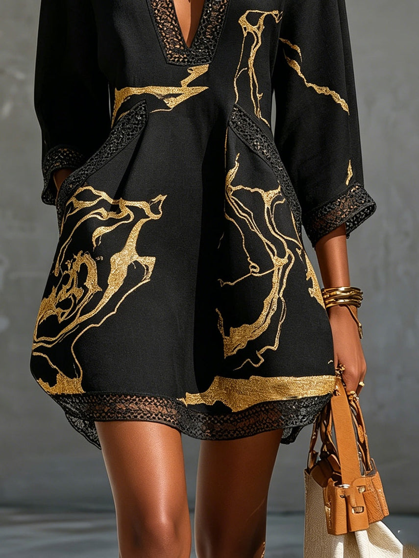 Donatella | Mini vestido negro con estampado y encaje de croché