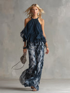 CONJUNTO ELEGANTE DE GASA ESTAMPADA PARA EVENTOS