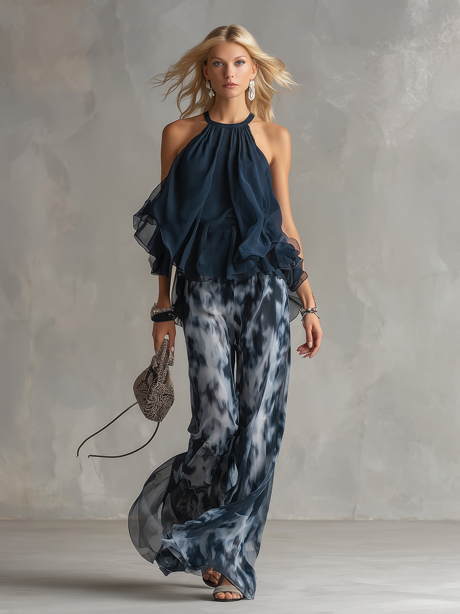 CONJUNTO ELEGANTE DE GASA ESTAMPADA PARA EVENTOS