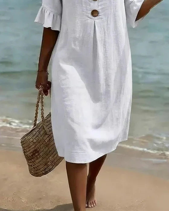 Vanesa™ | Vestido de Lino Texturizado con Mangas Abullonadas y Botones