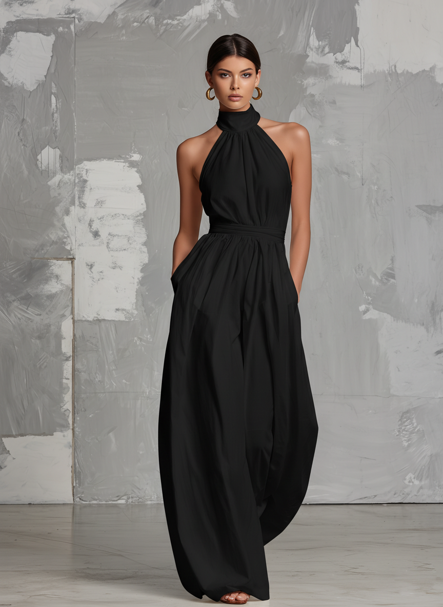 MONO LARGO CON CUELLO HALTER Y PANTALÓN ANCHO