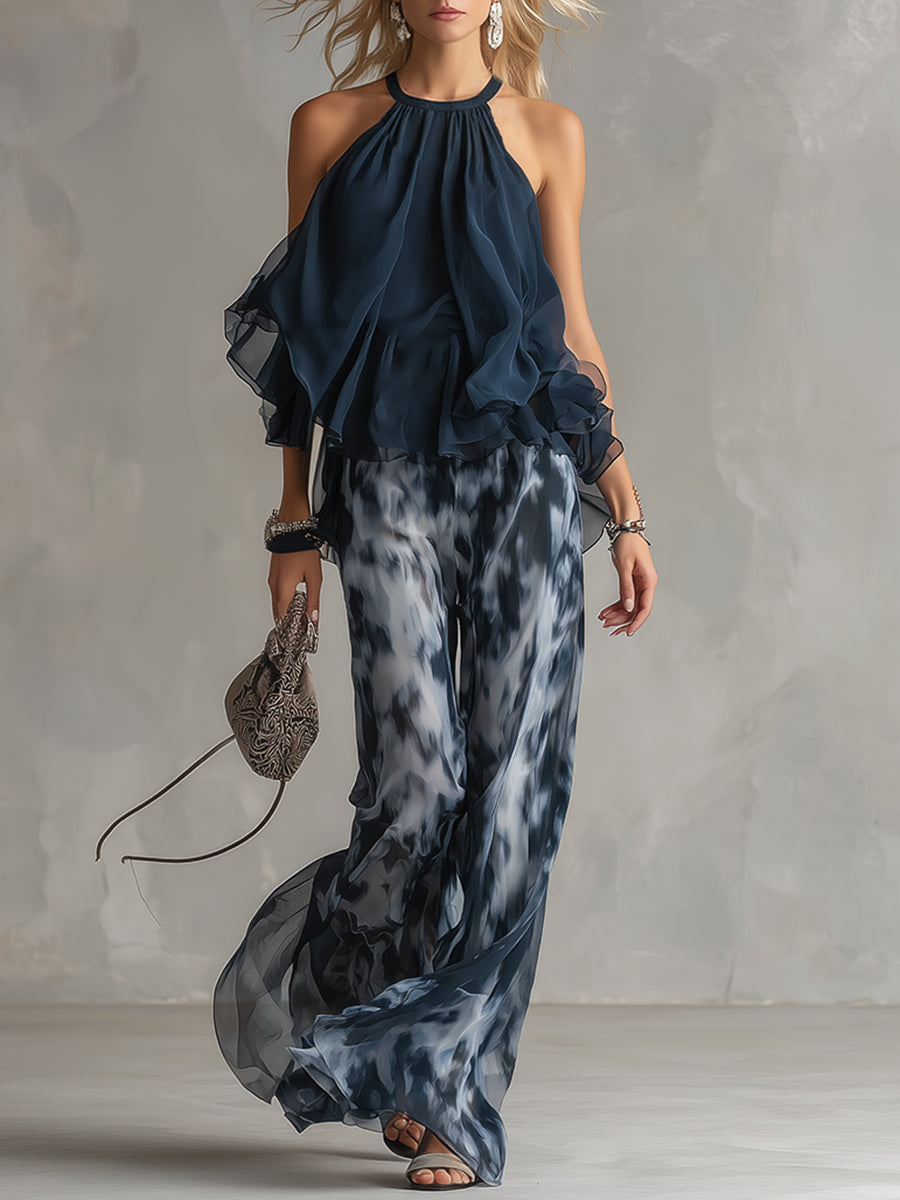 CONJUNTO ELEGANTE DE GASA ESTAMPADA PARA EVENTOS