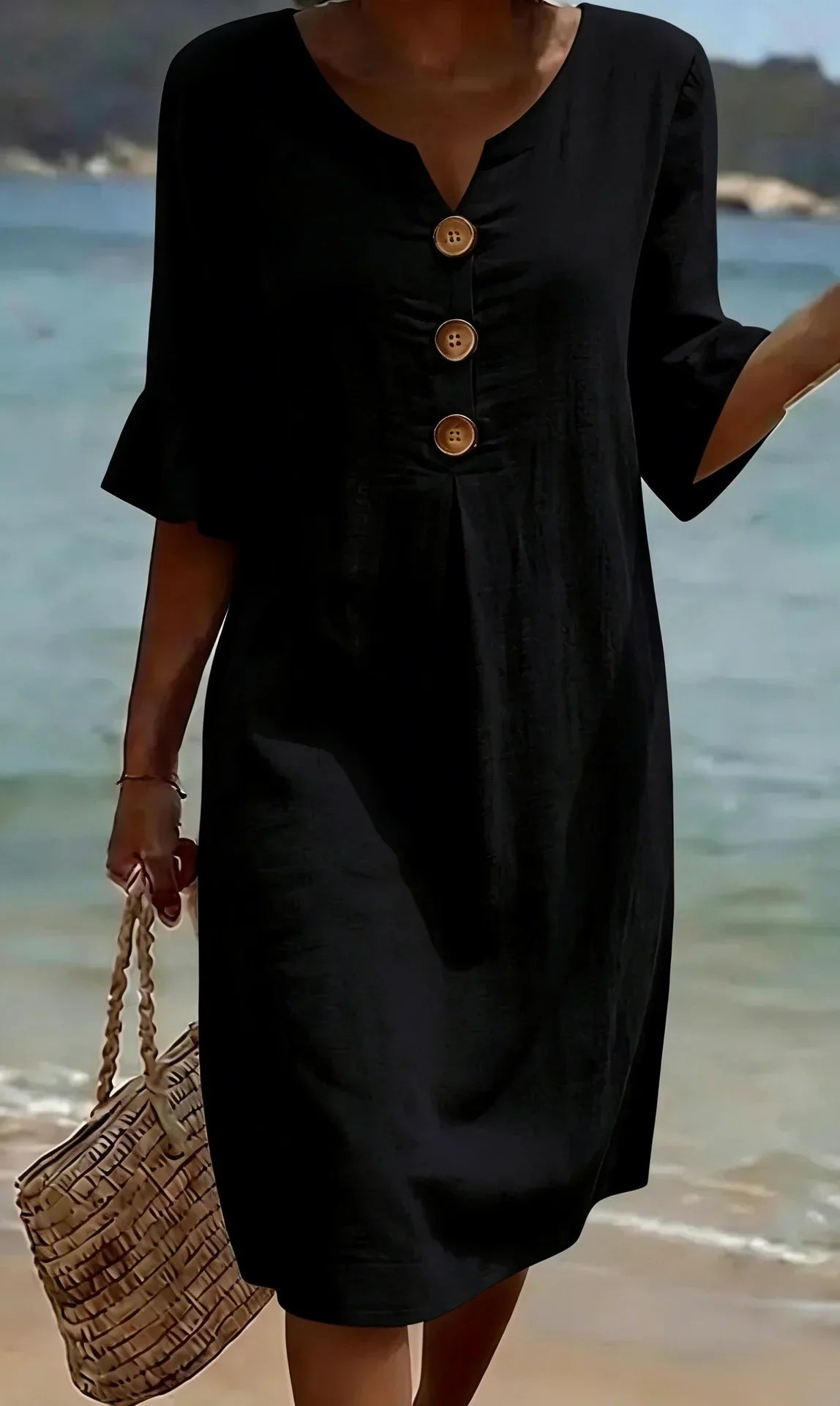 Vanesa™ | Vestido de Lino Texturizado con Mangas Abullonadas y Botones