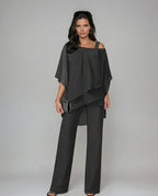 CONJUNTO ELEGANTE CON TOP DE MANGAS MURCIÉLAGO Y PANTALÓN DE PIERNA ANCHA