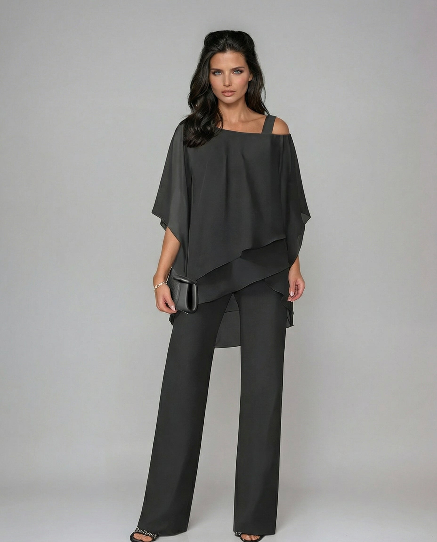 CONJUNTO ELEGANTE CON TOP DE MANGAS MURCIÉLAGO Y PANTALÓN DE PIERNA ANCHA