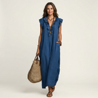 Josette | Vestido Maxi de Lino con Escote en V y Volantes